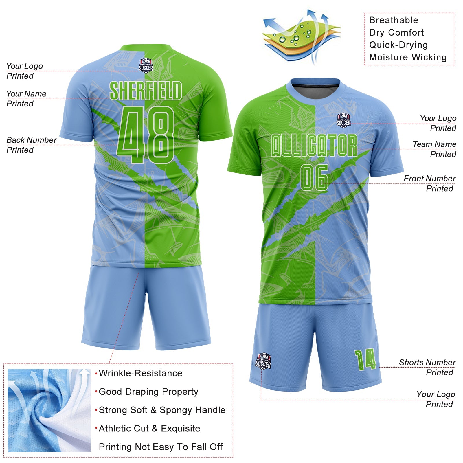 Custom Graffiti Pattern Aurora Green-Light Blue Scratch Sublimation Soccer Uniform Jersey view 4