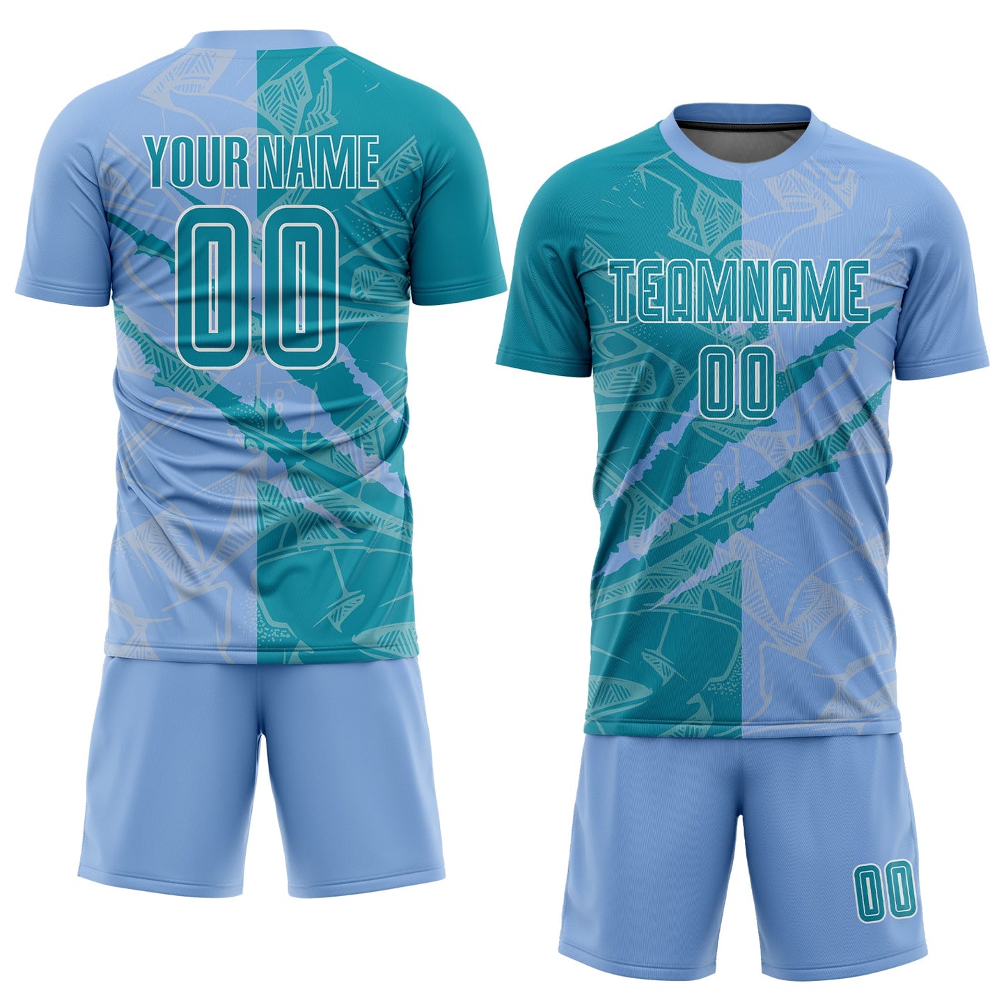 Custom Graffiti Pattern Teal-Light Blue Scratch Sublimation Soccer Uniform Jersey view 2