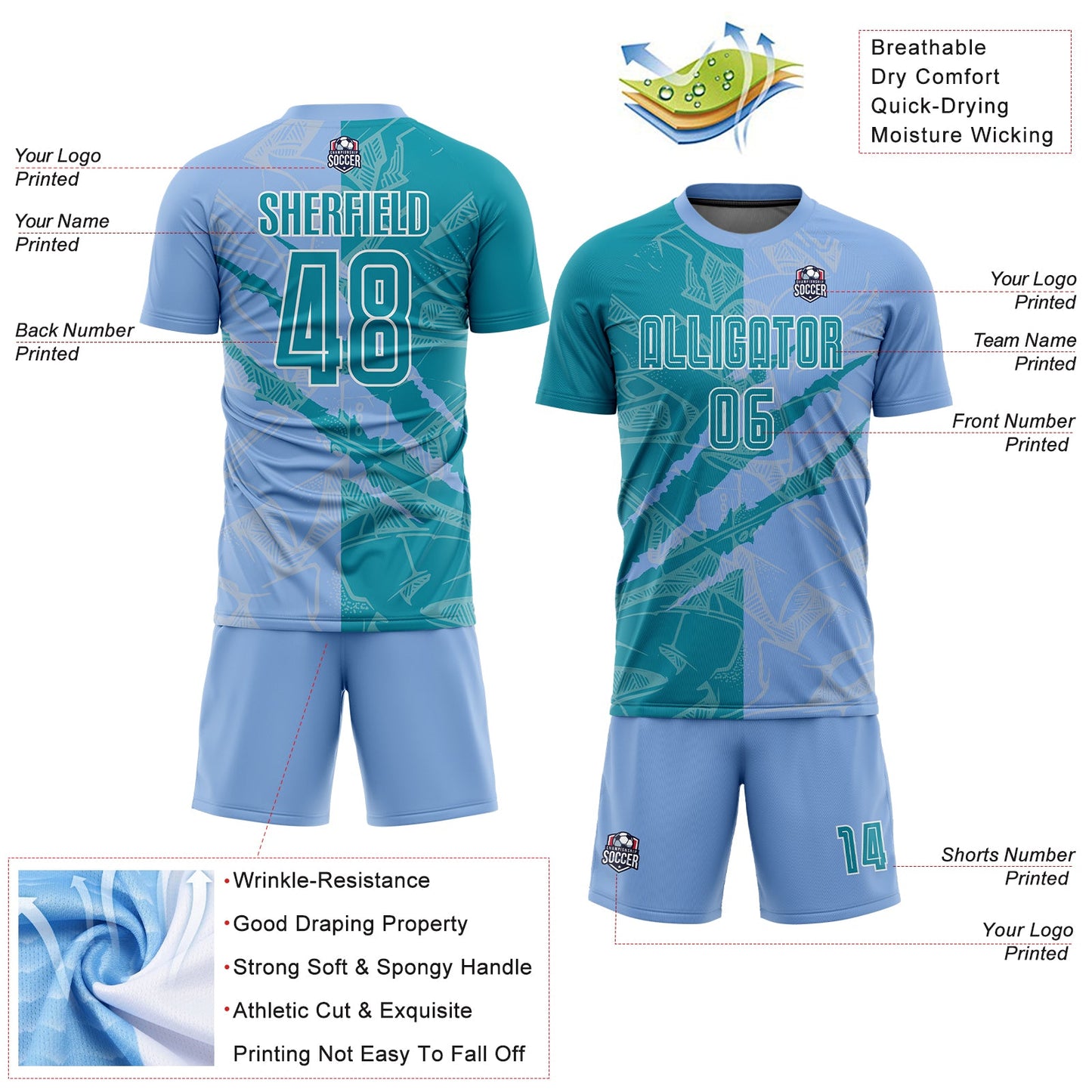Custom Graffiti Pattern Teal-Light Blue Scratch Sublimation Soccer Uniform Jersey view 4