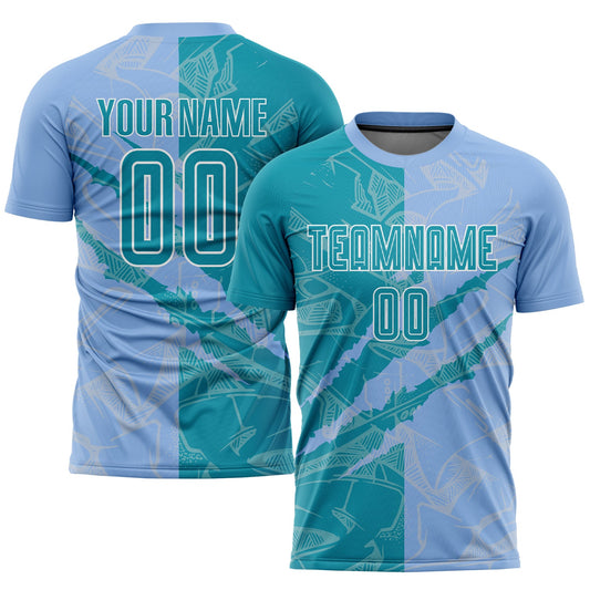 Custom Graffiti Pattern Teal-Light Blue Scratch Sublimation Soccer Uniform Jersey - Main View