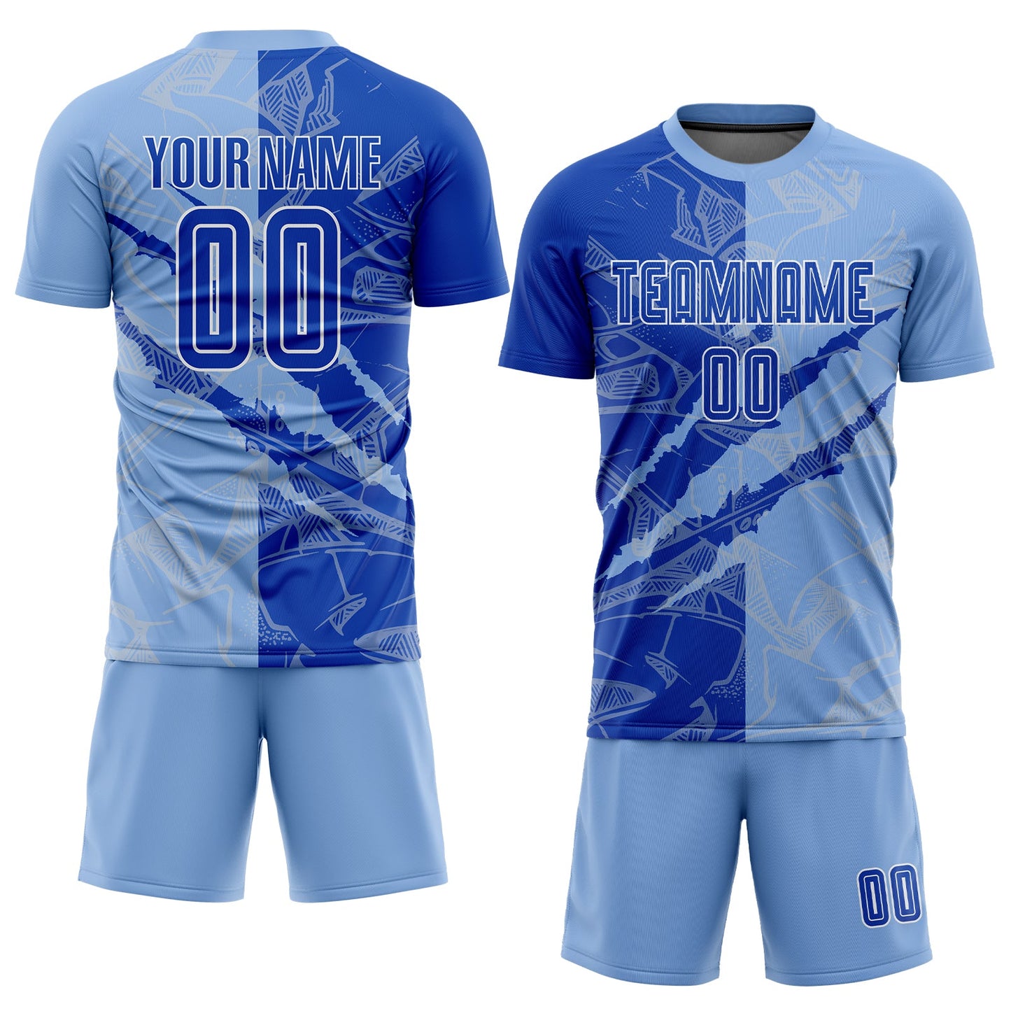 Custom Graffiti Pattern Thunder Blue-Light Blue Scratch Sublimation Soccer Uniform Jersey view 2