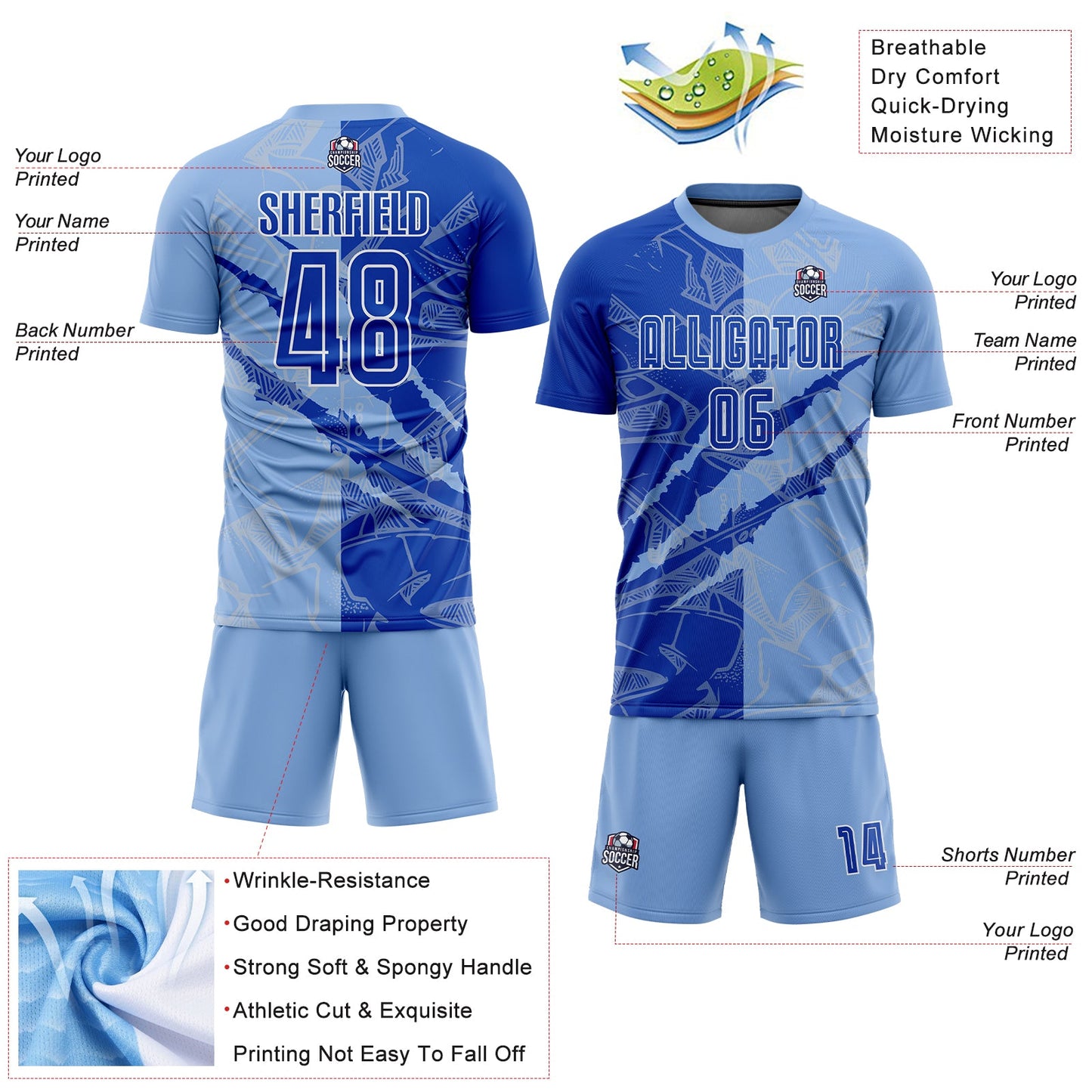 Custom Graffiti Pattern Thunder Blue-Light Blue Scratch Sublimation Soccer Uniform Jersey view 4