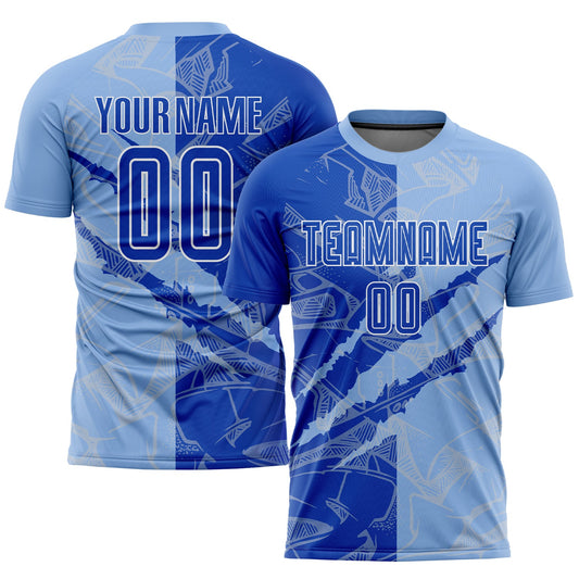 Custom Graffiti Pattern Thunder Blue-Light Blue Scratch Sublimation Soccer Uniform Jersey - Main View