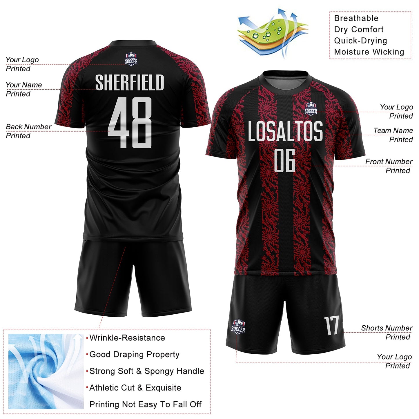 Custom Black White-Red Abstract Shape Sublimation Soccer Uniform Jersey view 4