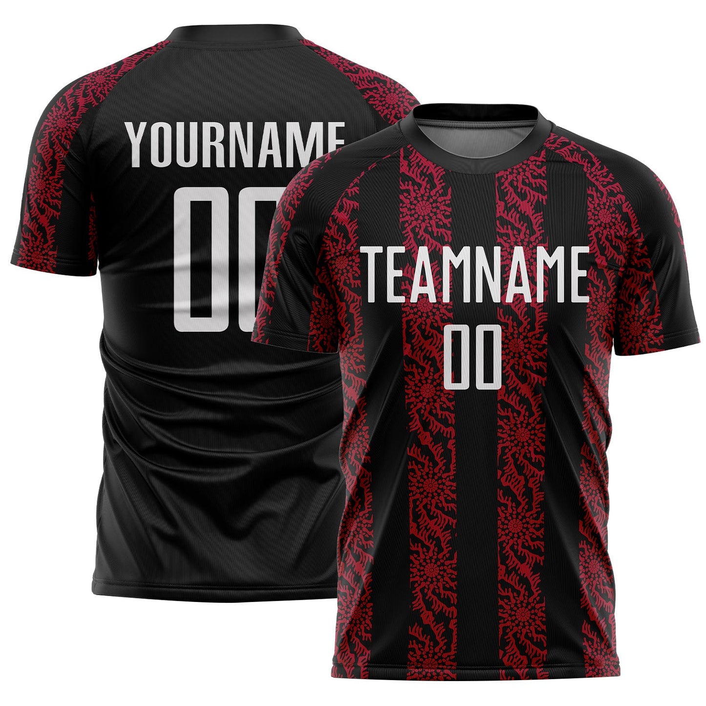 Custom Black White-Red Abstract Shape Sublimation Soccer Uniform Jersey - Main View