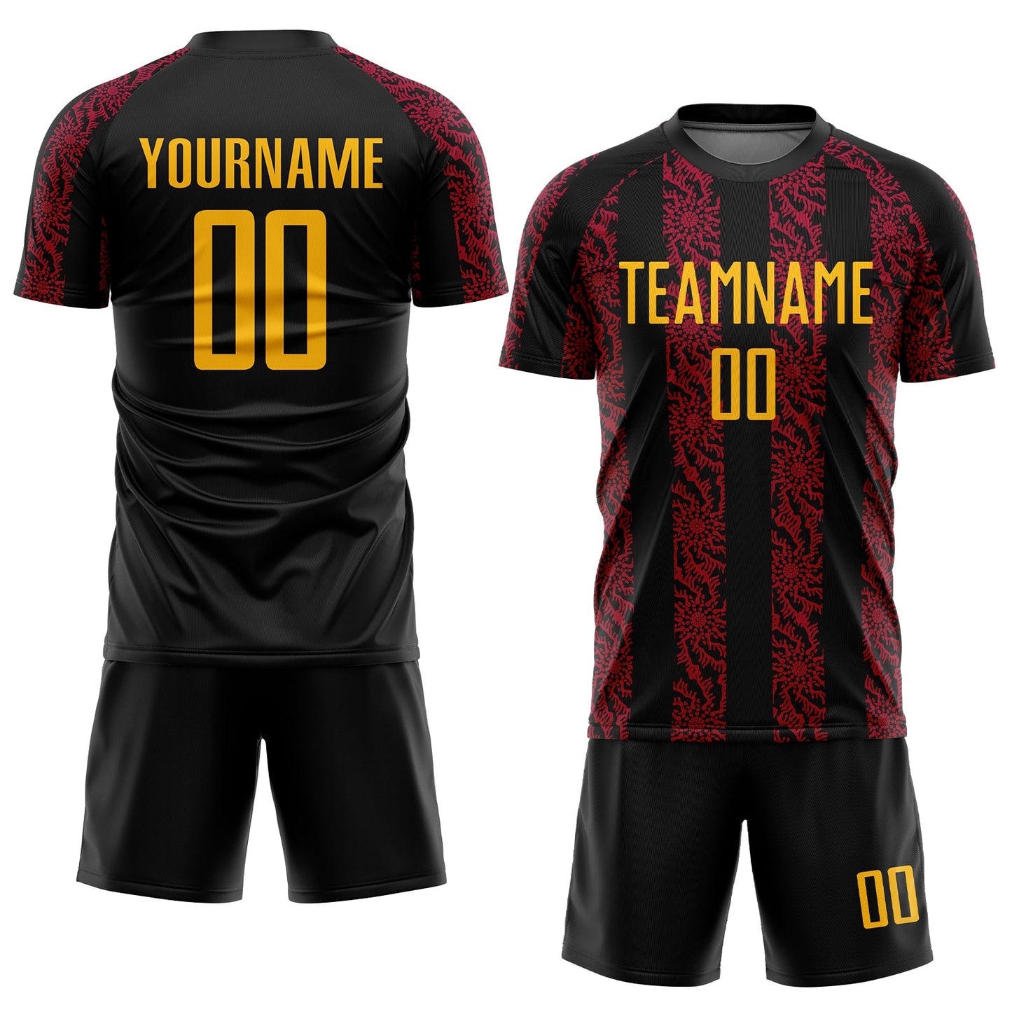 Custom Black Gold-Red Abstract Shape Sublimation Soccer Uniform Jersey view 2