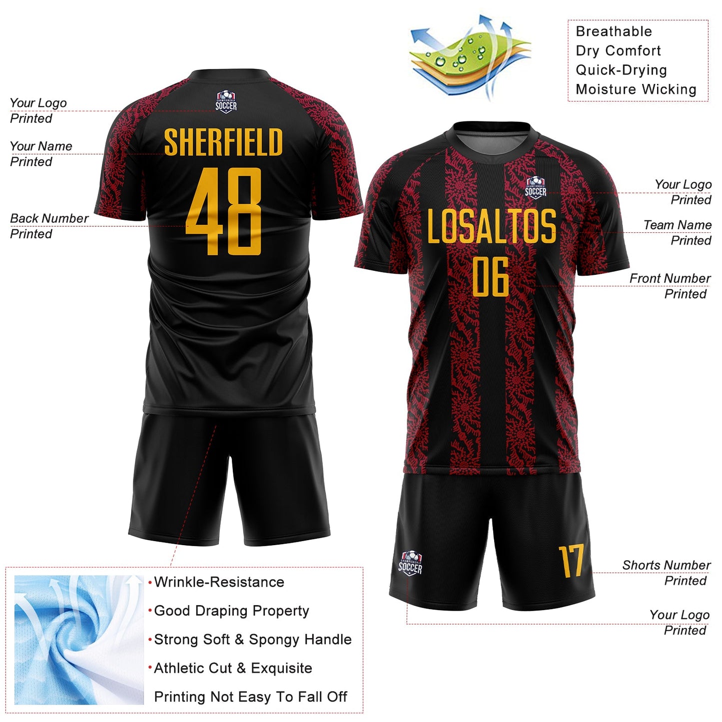 Custom Black Gold-Red Abstract Shape Sublimation Soccer Uniform Jersey view 4
