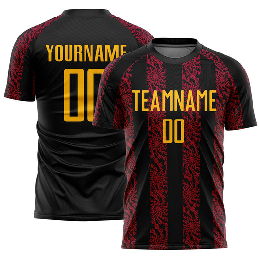 Custom Black Gold-Red Abstract Shape Sublimation Soccer Uniform Jersey - Main View
