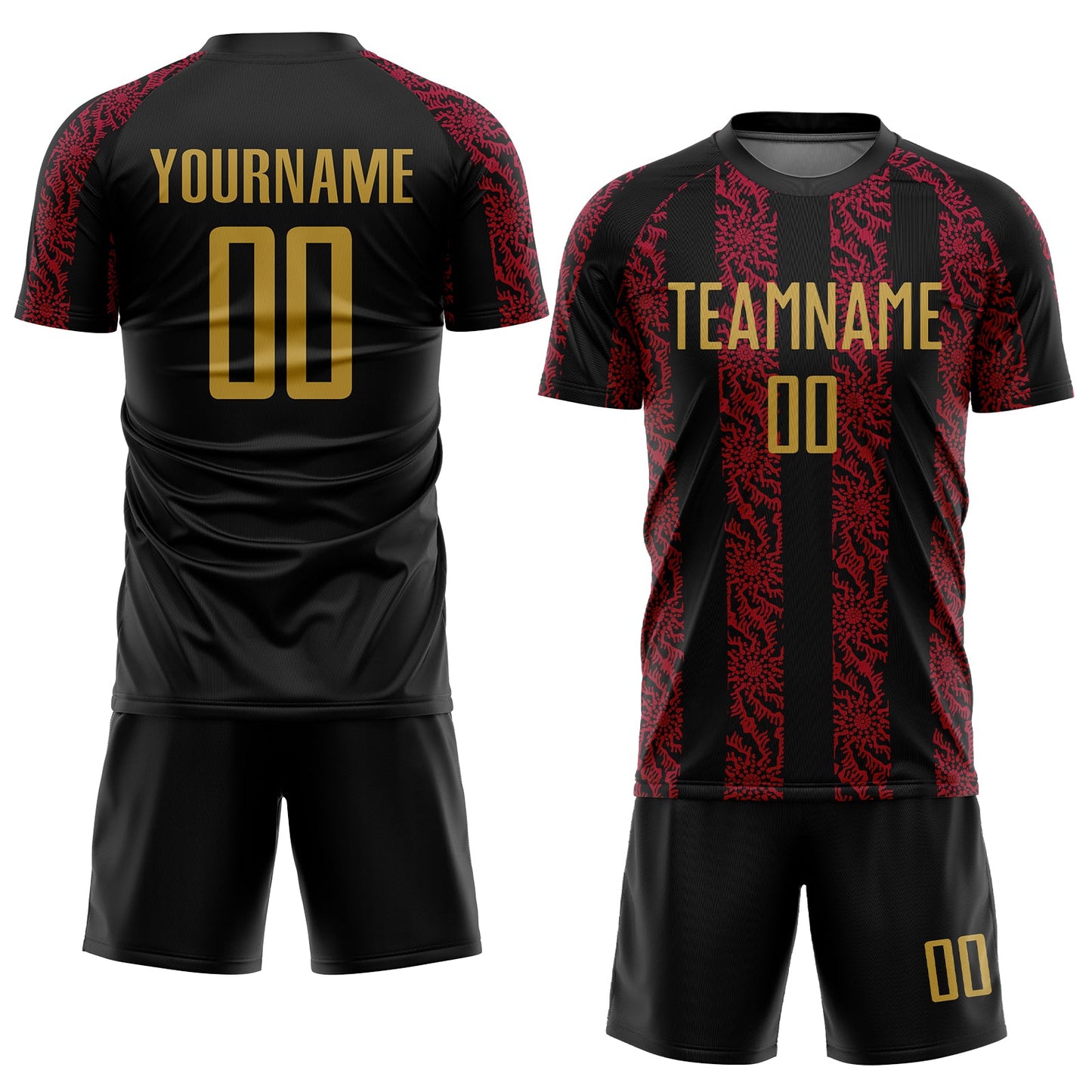 Custom Black Old Gold-Red Abstract Shape Sublimation Soccer Uniform Jersey view 2