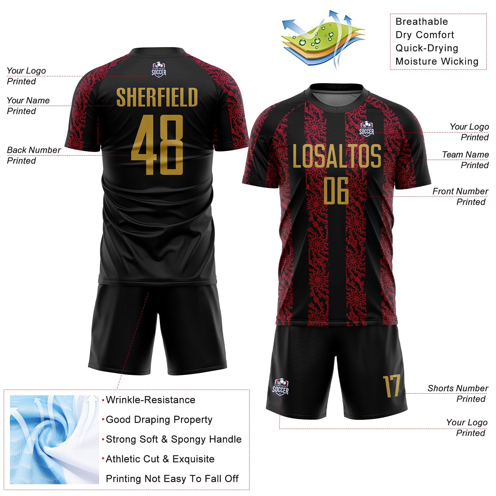 Custom Black Old Gold-Red Abstract Shape Sublimation Soccer Uniform Jersey view 4