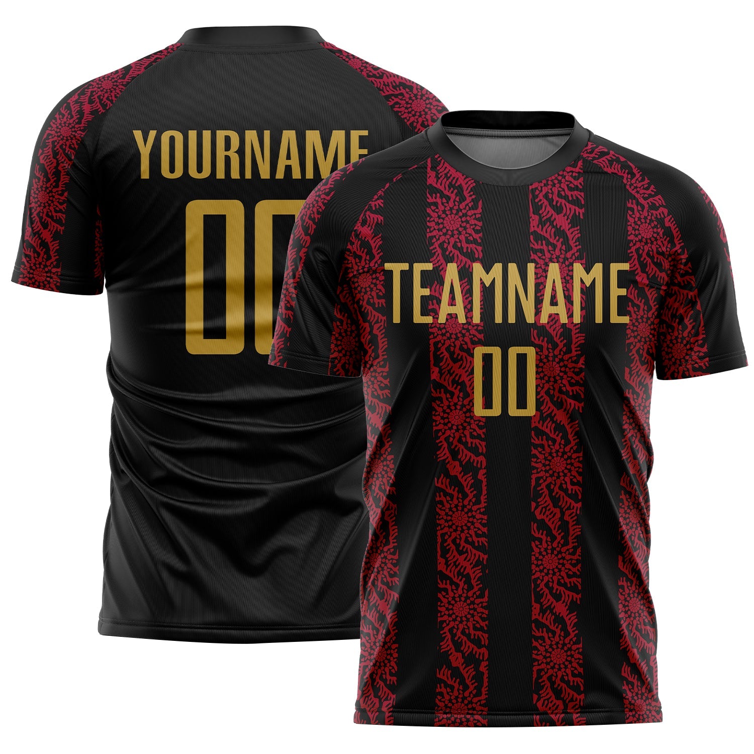 Custom Black Old Gold-Red Abstract Shape Sublimation Soccer Uniform Jersey - Main View