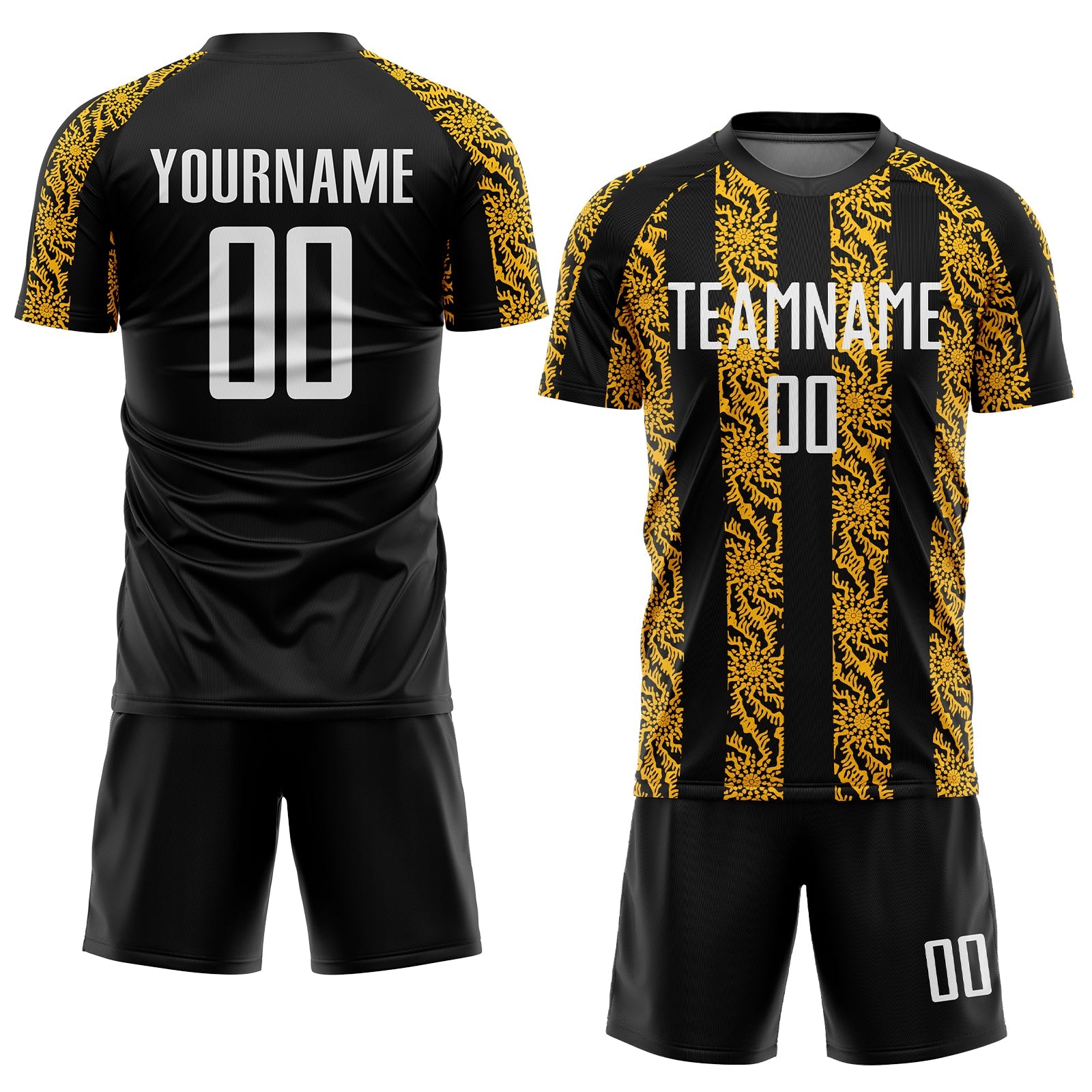 Custom Black White-Gold Abstract Shape Sublimation Soccer Uniform Jersey view 2
