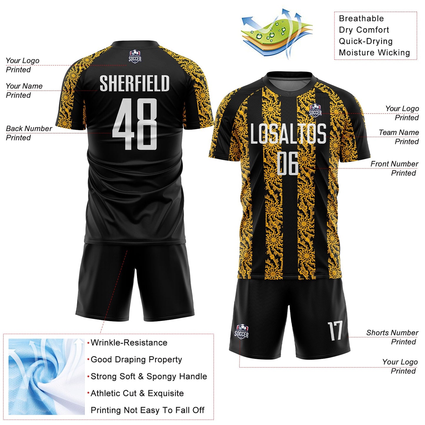 Custom Black White-Gold Abstract Shape Sublimation Soccer Uniform Jersey view 4