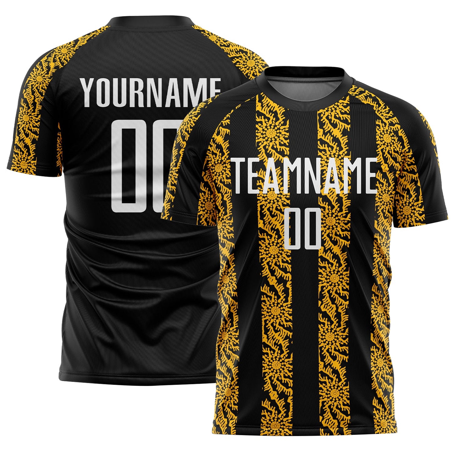 Custom Black White-Gold Abstract Shape Sublimation Soccer Uniform Jersey - Main View