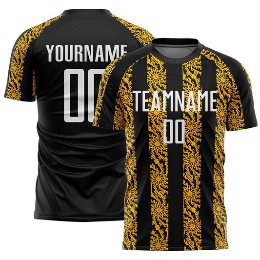 Custom Black White-Gold Abstract Shape Sublimation Soccer Uniform Jersey - Main View