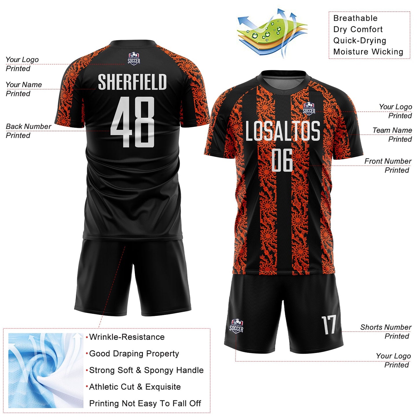 Custom Black White-Orange Abstract Shape Sublimation Soccer Uniform Jersey view 4