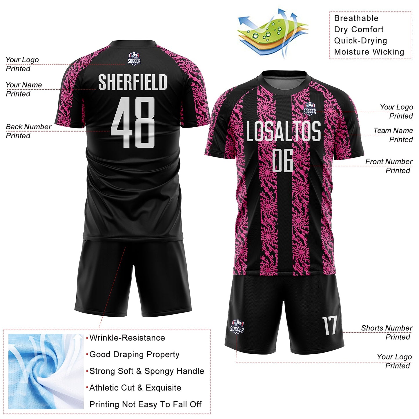 Custom Black White-Pink Abstract Shape Sublimation Soccer Uniform Jersey view 4