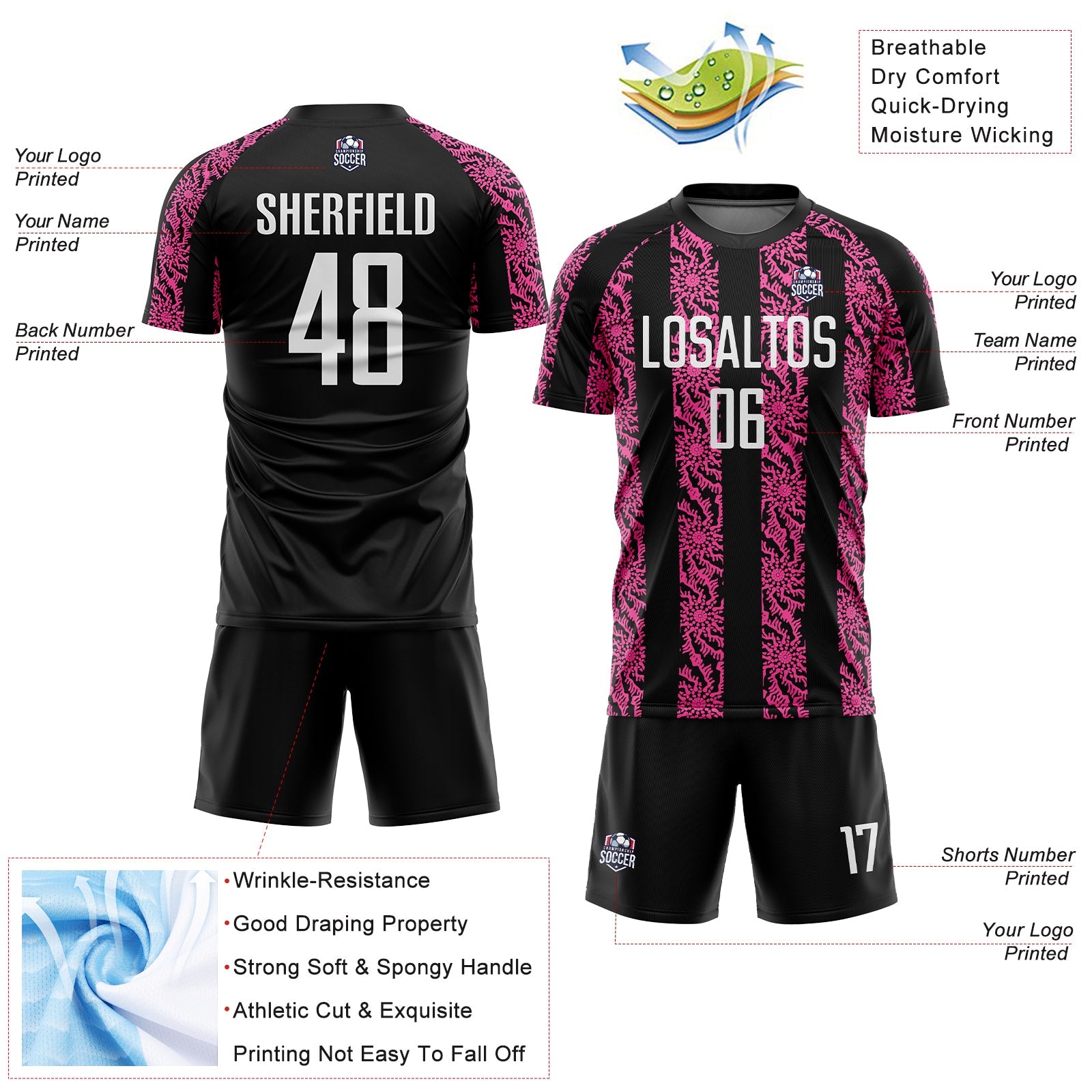 Custom Black White-Pink Abstract Shape Sublimation Soccer Uniform Jersey view 4