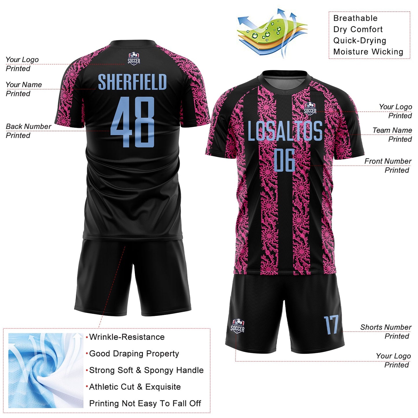 Custom Black Light Blue-Pink Abstract Shape Sublimation Soccer Uniform Jersey view 4