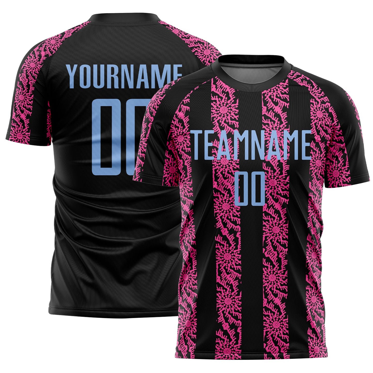 Custom Black Light Blue-Pink Abstract Shape Sublimation Soccer Uniform Jersey - Main View