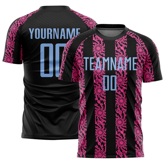 Custom Black Light Blue-Pink Abstract Shape Sublimation Soccer Uniform Jersey - Main View
