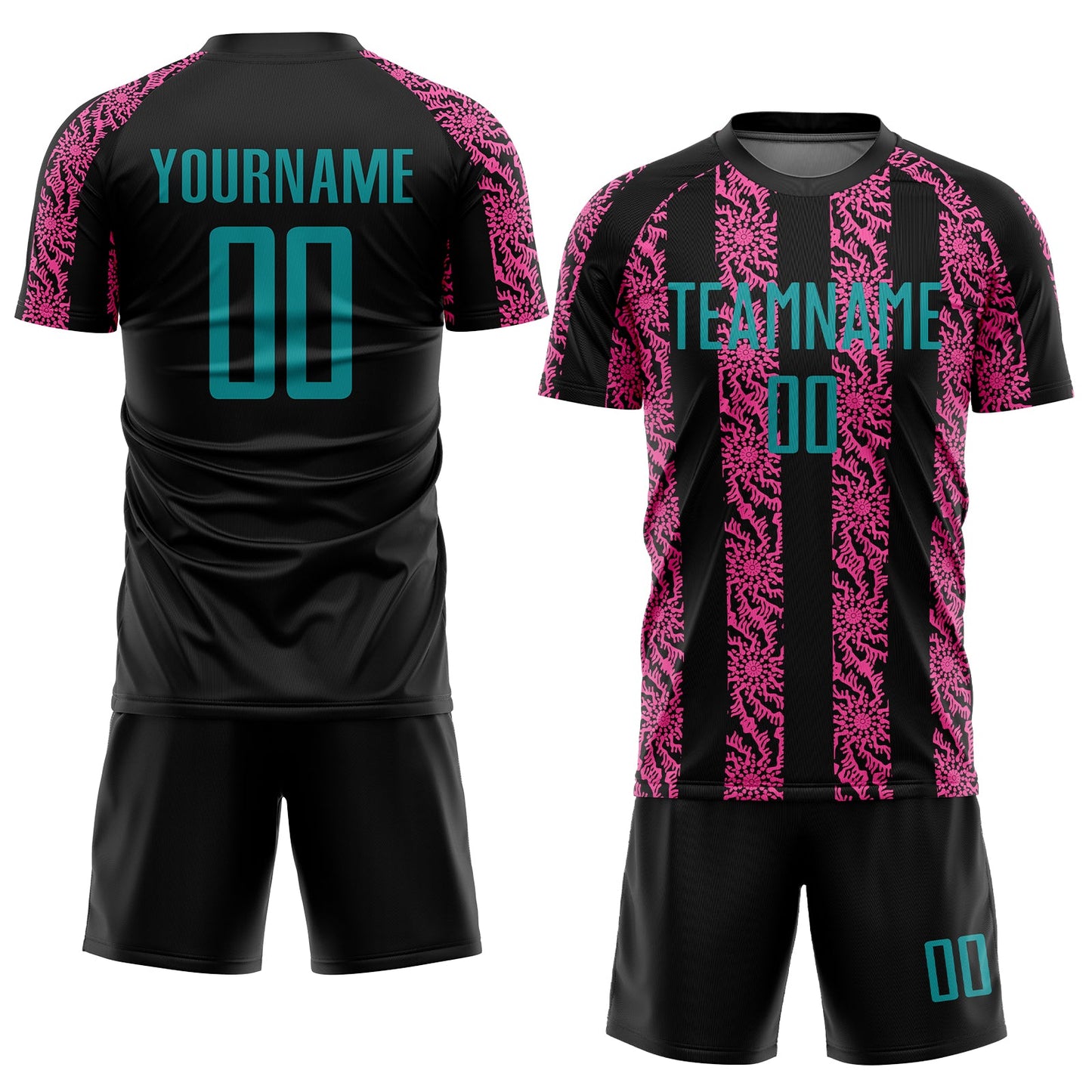 Custom Black Teal-Pink Abstract Shape Sublimation Soccer Uniform Jersey view 2