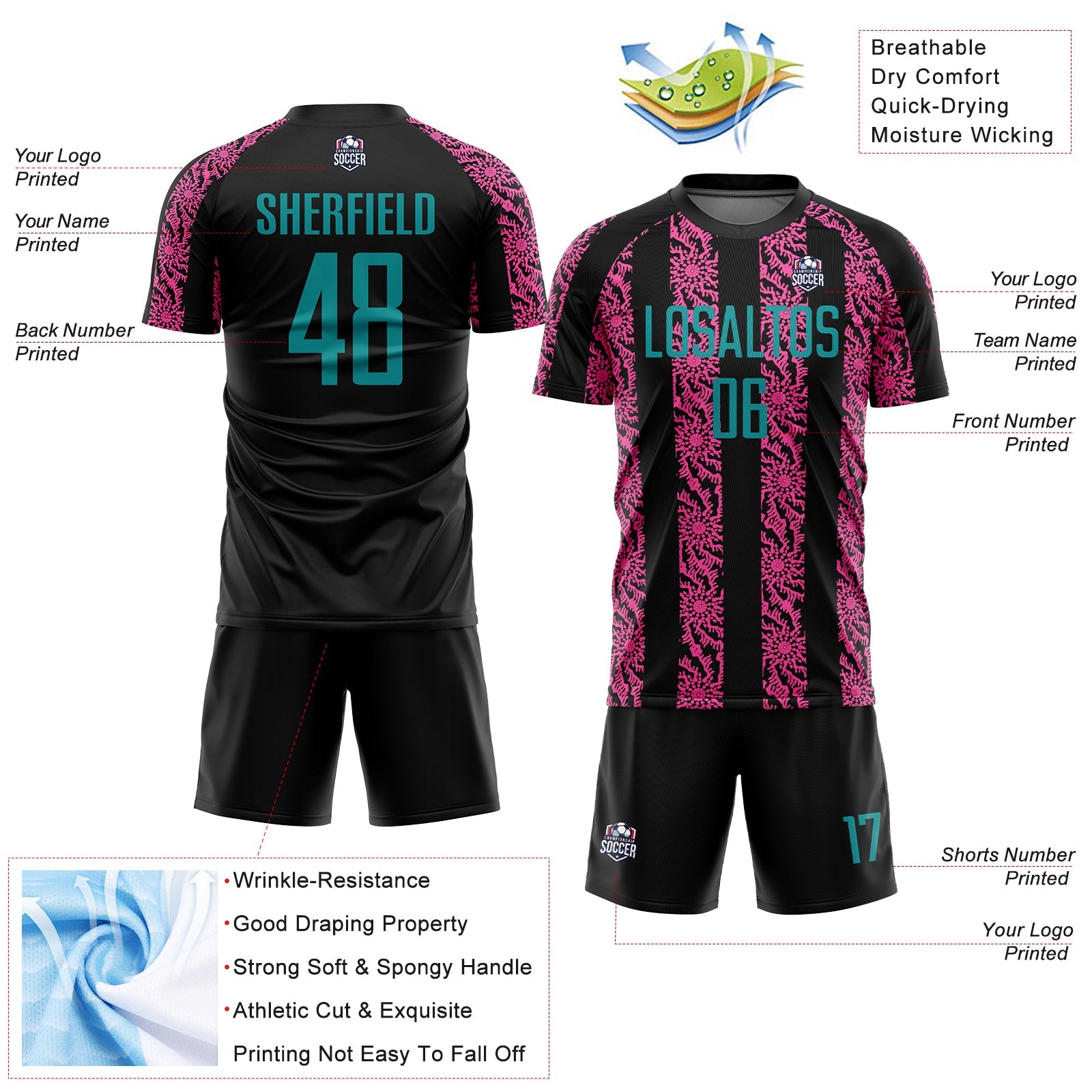 Custom Black Teal-Pink Abstract Shape Sublimation Soccer Uniform Jersey view 4