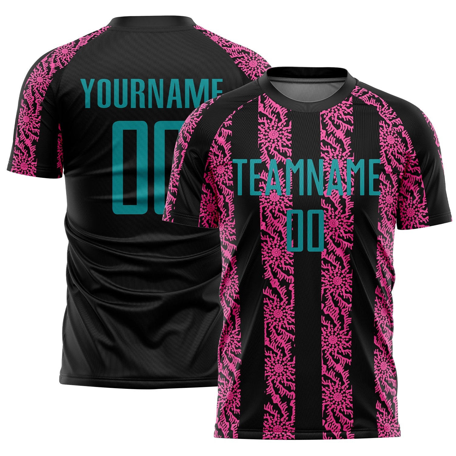 Custom Black Teal-Pink Abstract Shape Sublimation Soccer Uniform Jersey - Main View