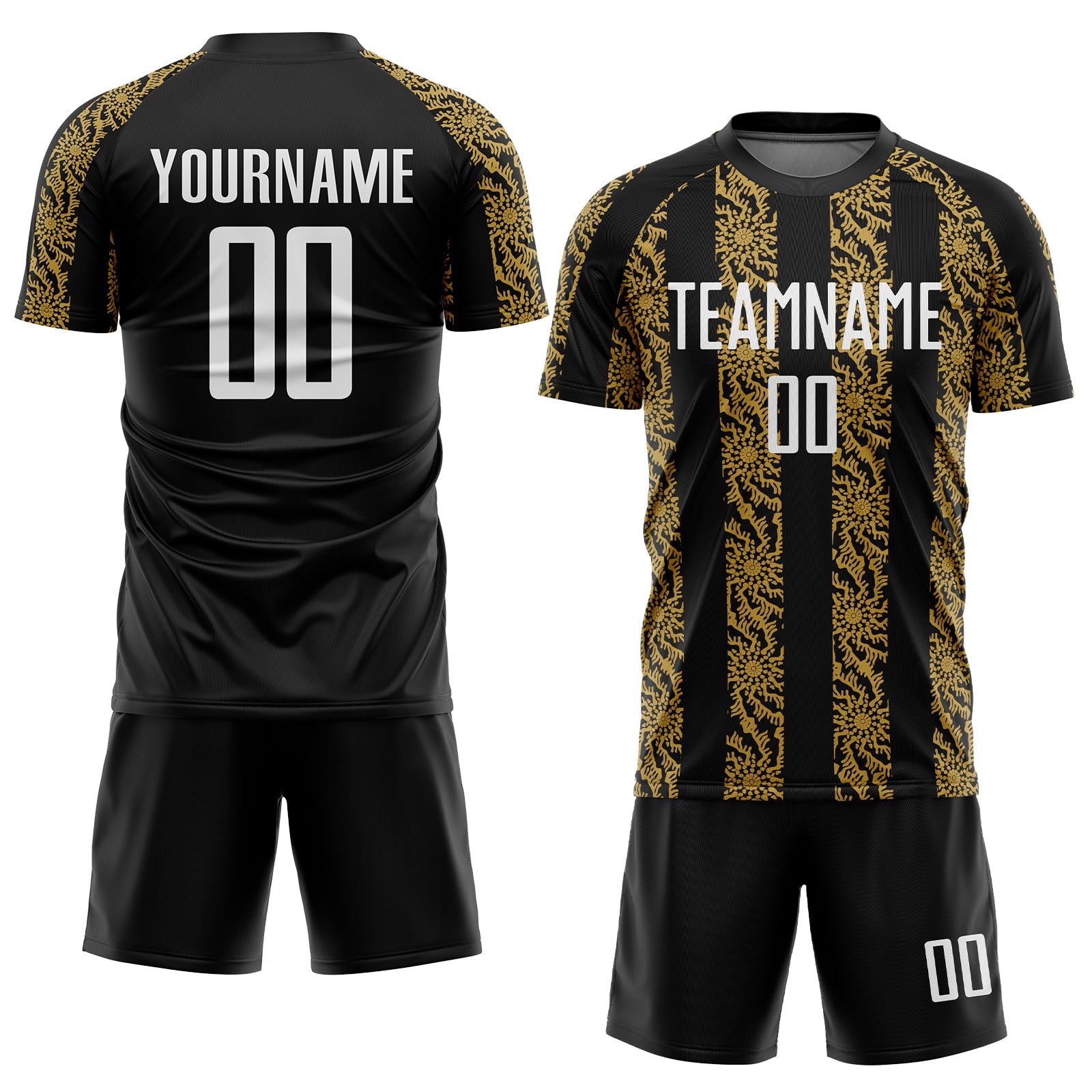 Custom Black White-Old Gold Abstract Shape Sublimation Soccer Uniform Jersey view 2