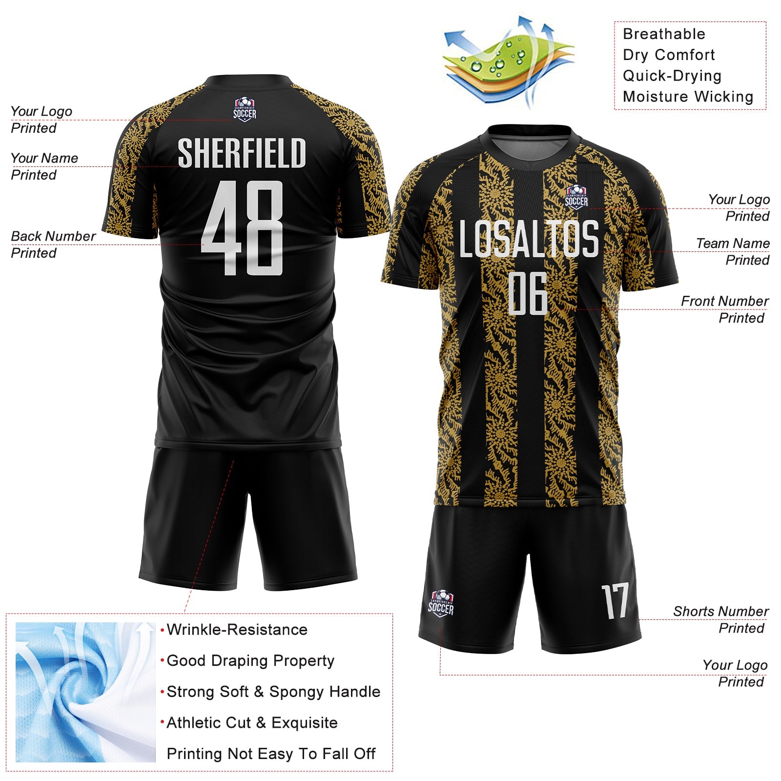 Custom Black White-Old Gold Abstract Shape Sublimation Soccer Uniform Jersey view 4