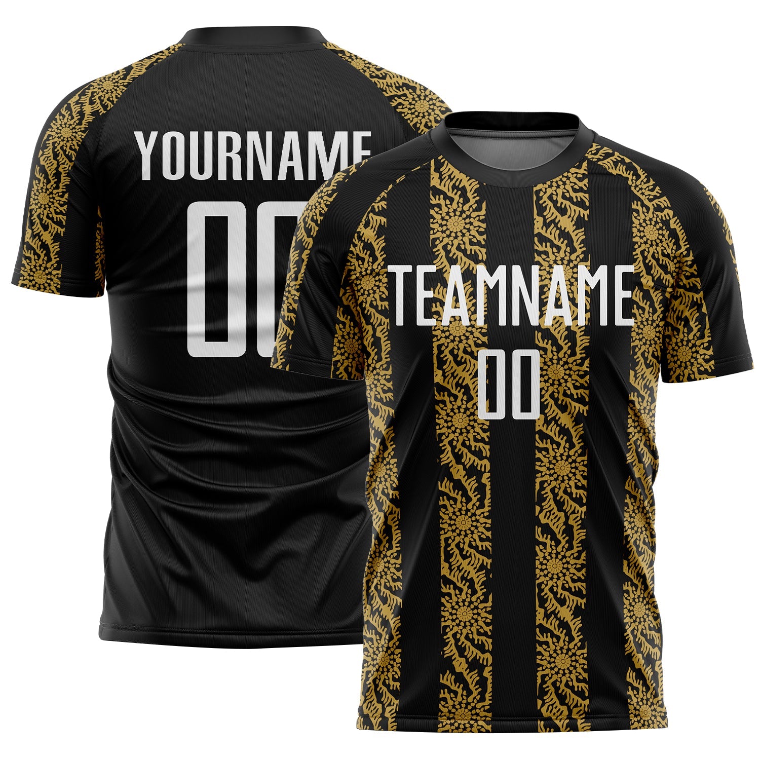 Custom Black White-Old Gold Abstract Shape Sublimation Soccer Uniform Jersey - Main View