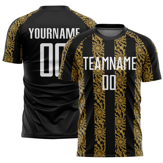 Custom Black White-Old Gold Abstract Shape Sublimation Soccer Uniform Jersey - Main View