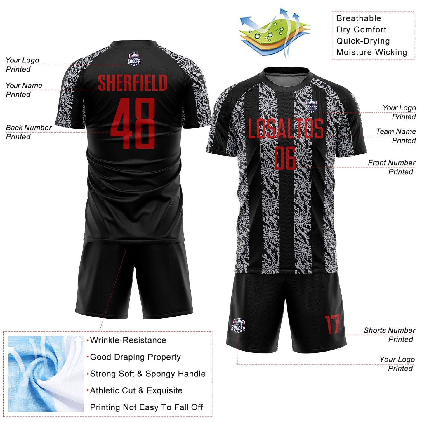 Custom Black Red-Gray Abstract Shape Sublimation Soccer Uniform Jersey view 4