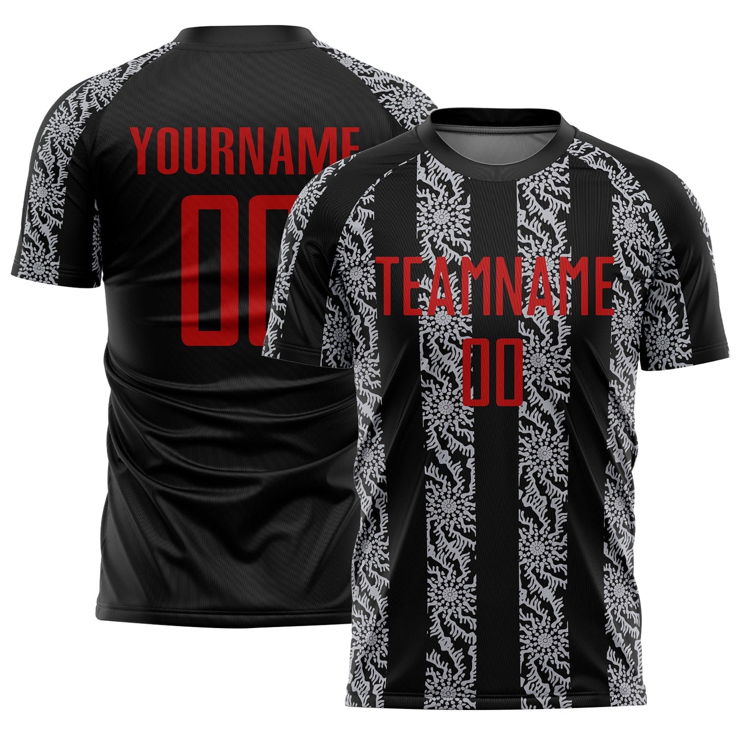 Custom Black Red-Gray Abstract Shape Sublimation Soccer Uniform Jersey - Main View