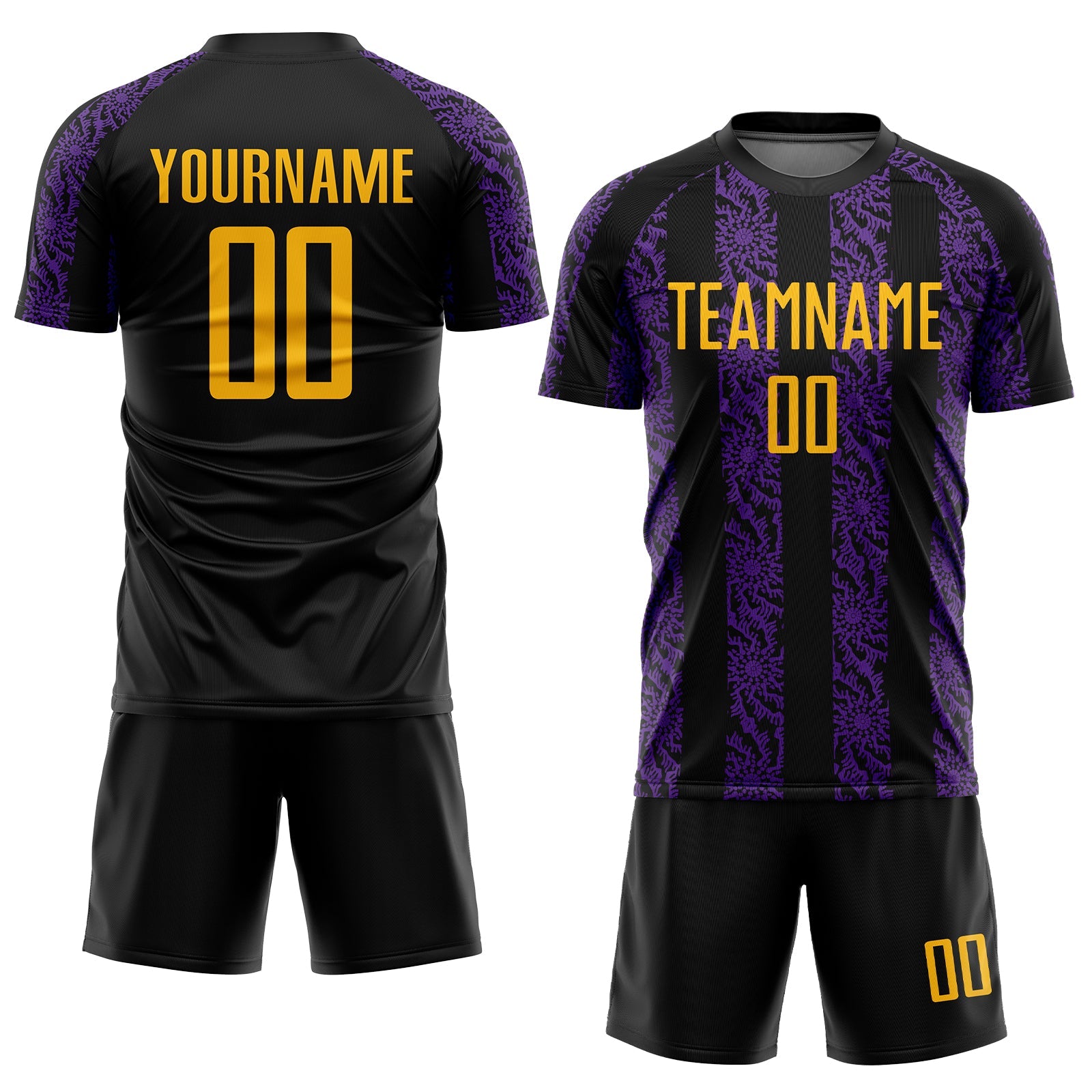 Custom Black Gold-Purple Abstract Shape Sublimation Soccer Uniform Jersey view 2
