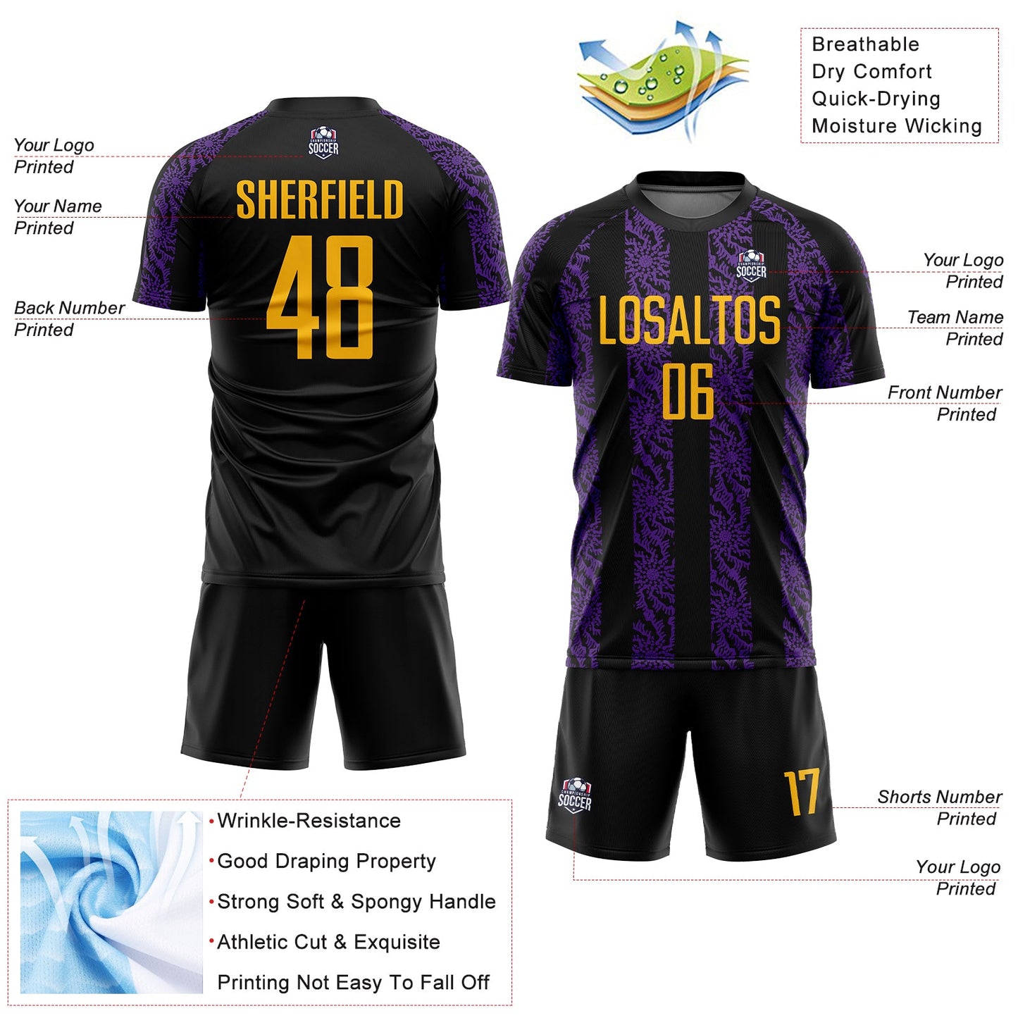 Custom Black Gold-Purple Abstract Shape Sublimation Soccer Uniform Jersey view 4