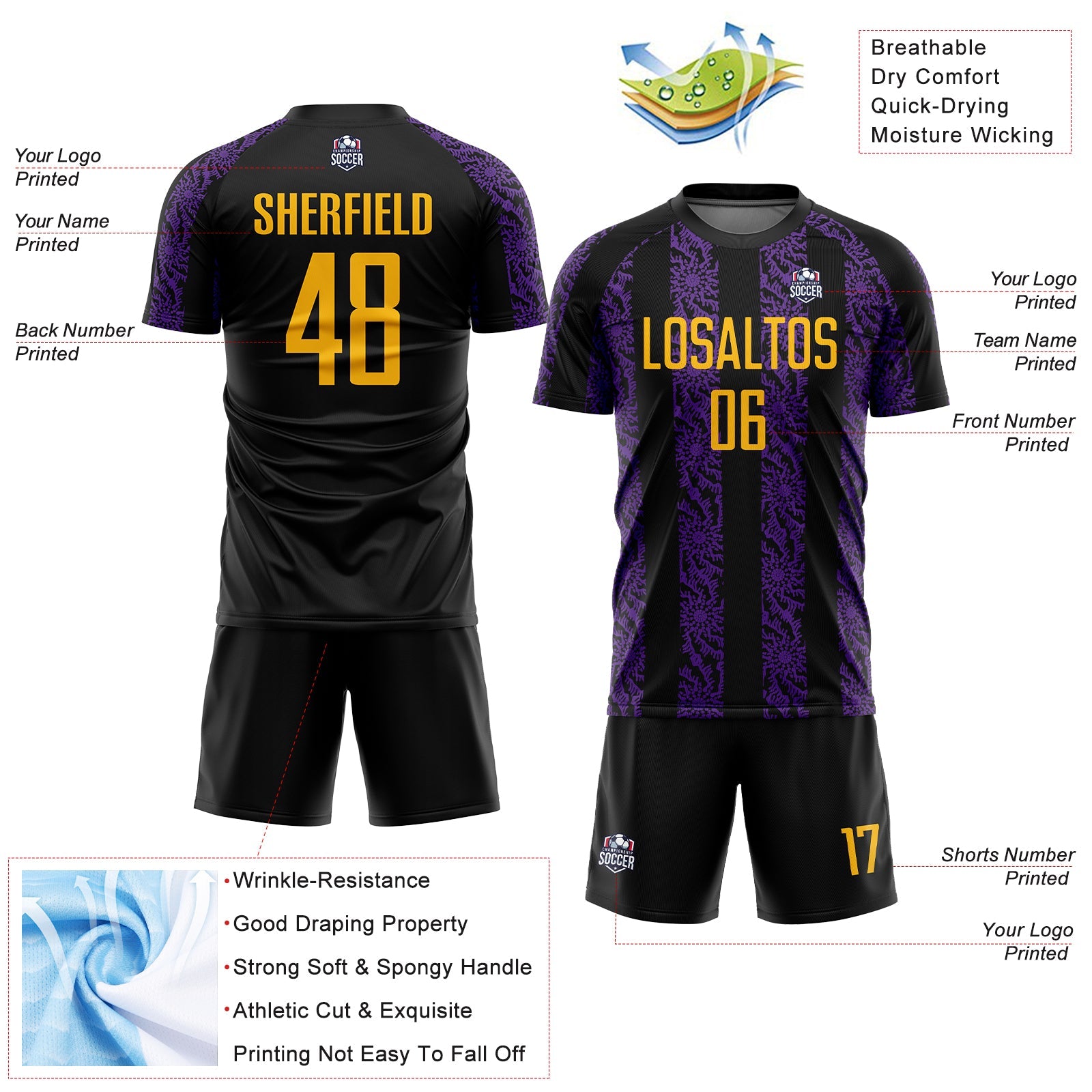 Custom Black Gold-Purple Abstract Shape Sublimation Soccer Uniform Jersey view 4