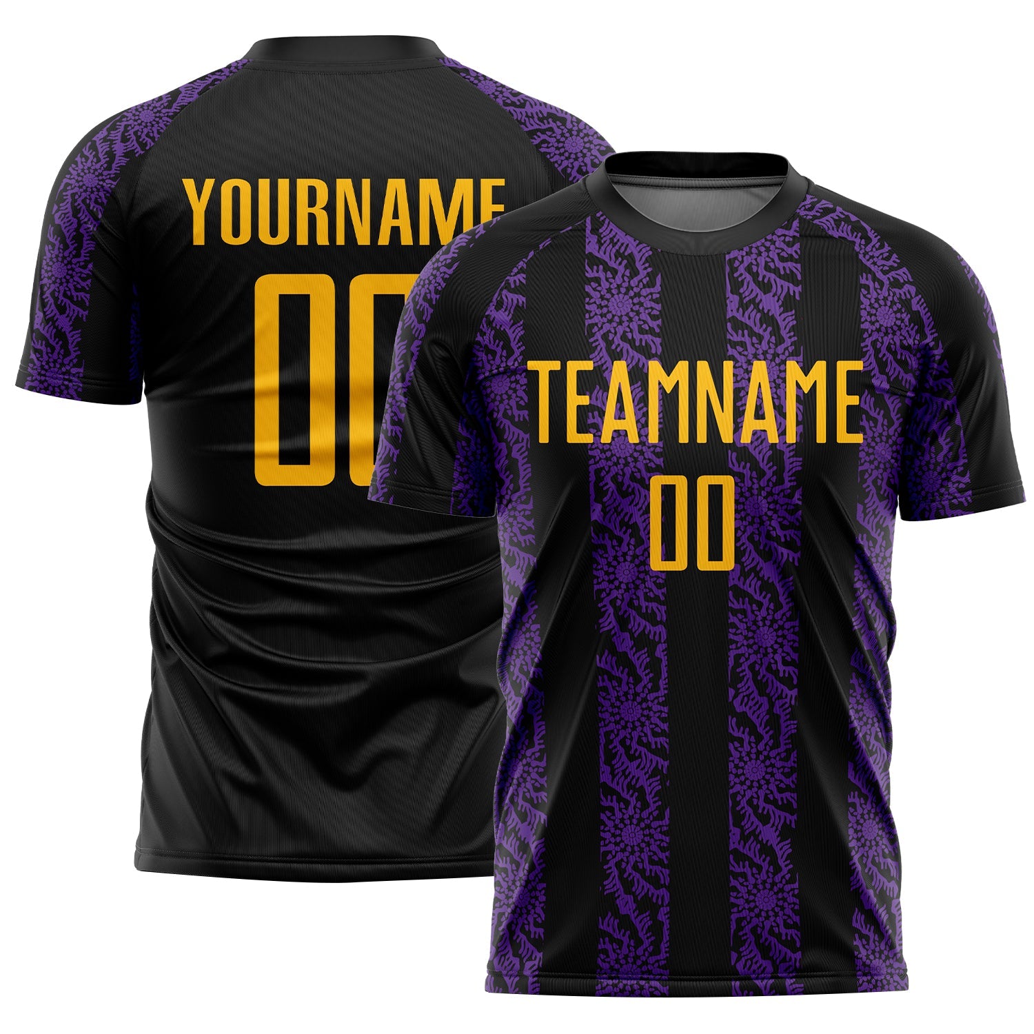Custom Black Gold-Purple Abstract Shape Sublimation Soccer Uniform Jersey - Main View