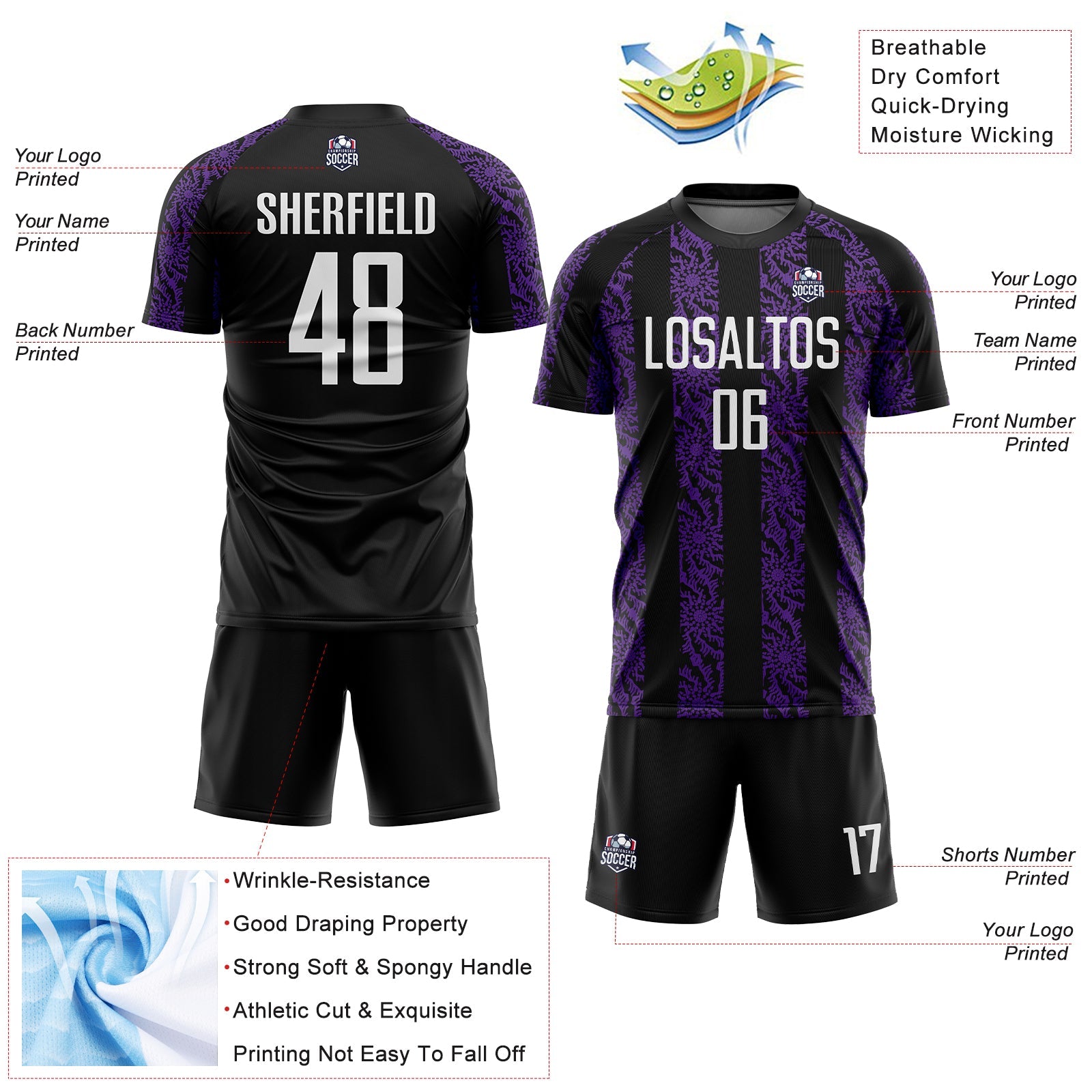 Custom Black White-Purple Abstract Shape Sublimation Soccer Uniform Jersey view 4