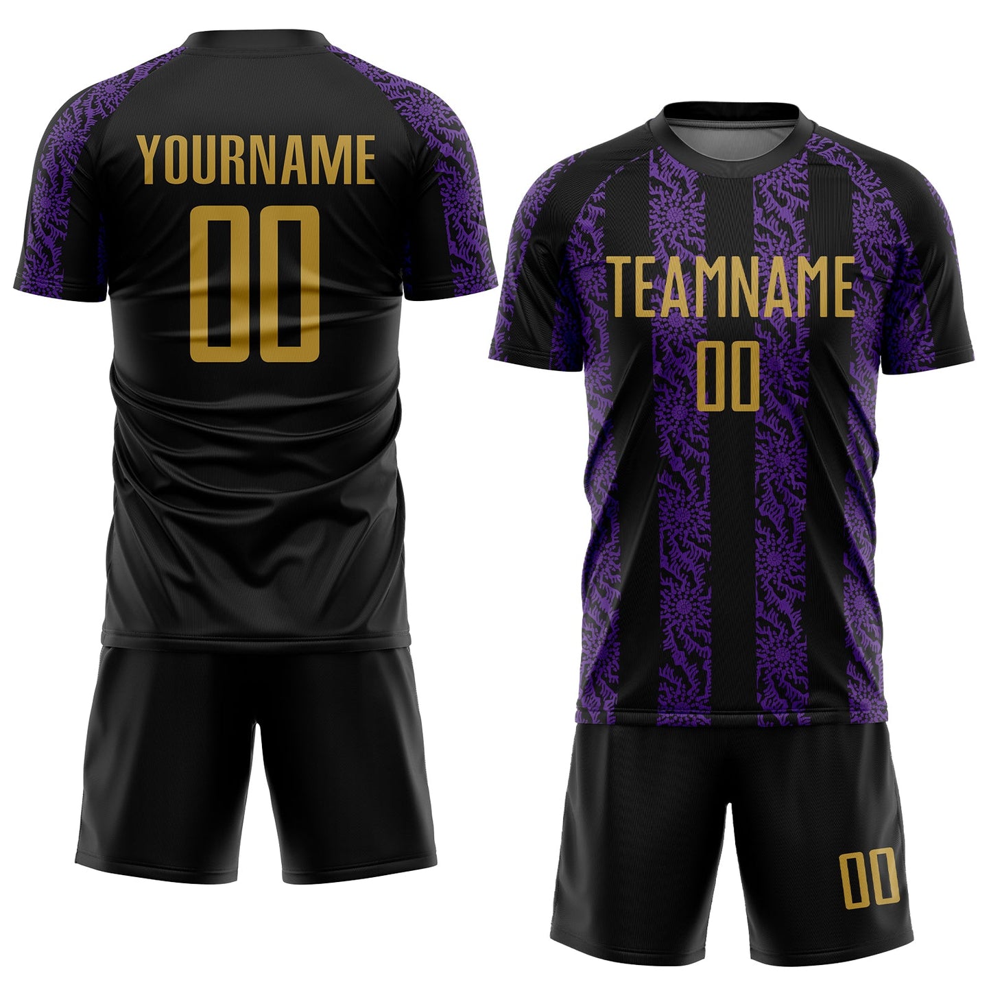 Custom Black Old Gold-Purple Abstract Shape Sublimation Soccer Uniform Jersey view 2