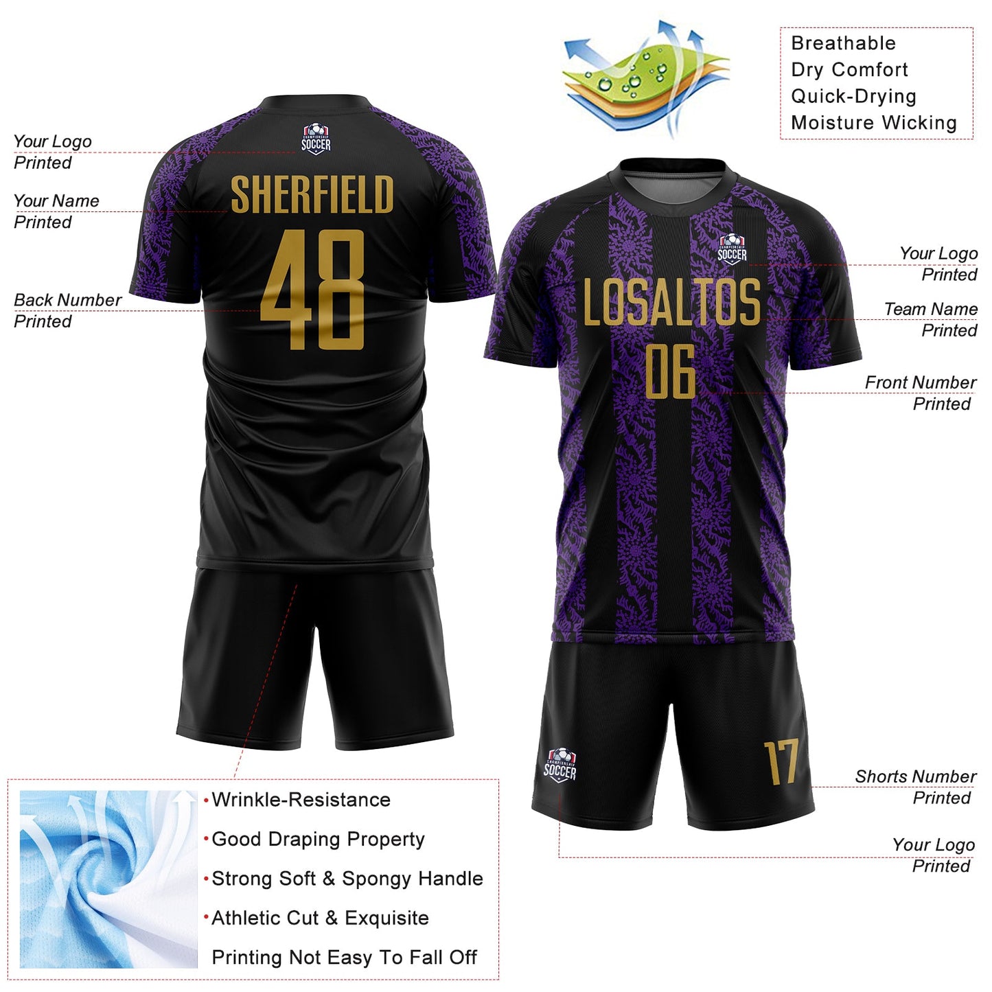 Custom Black Old Gold-Purple Abstract Shape Sublimation Soccer Uniform Jersey view 4