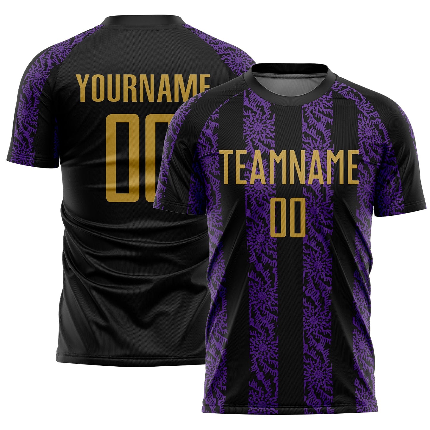 Custom Black Old Gold-Purple Abstract Shape Sublimation Soccer Uniform Jersey - Main View