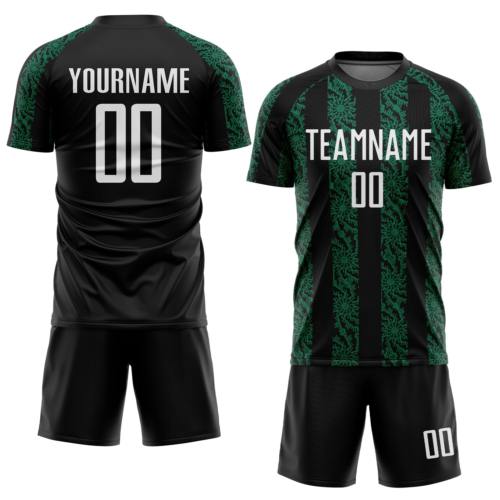 Custom Black White-Kelly Green Abstract Shape Sublimation Soccer Uniform Jersey view 2