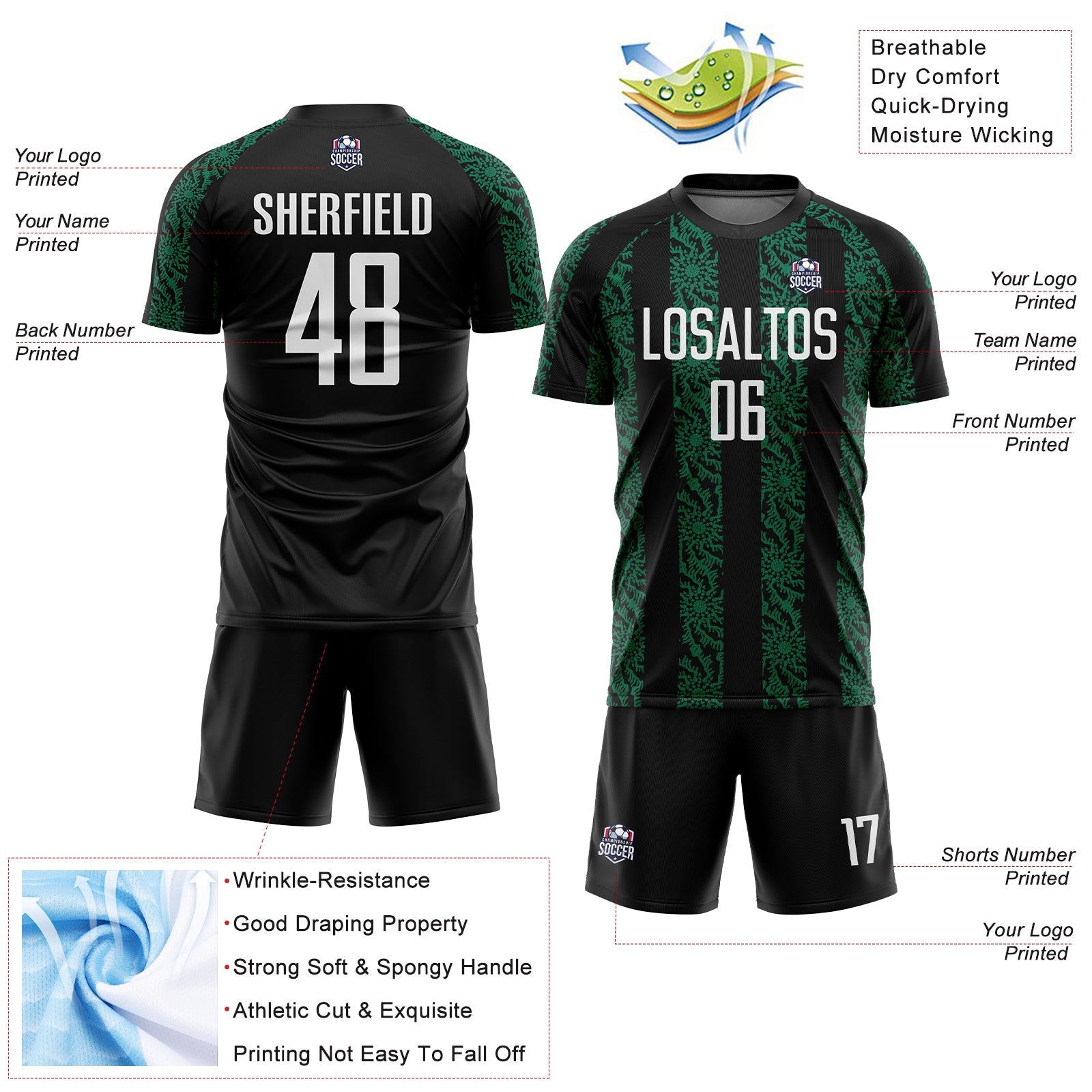 Custom Black White-Kelly Green Abstract Shape Sublimation Soccer Uniform Jersey view 4