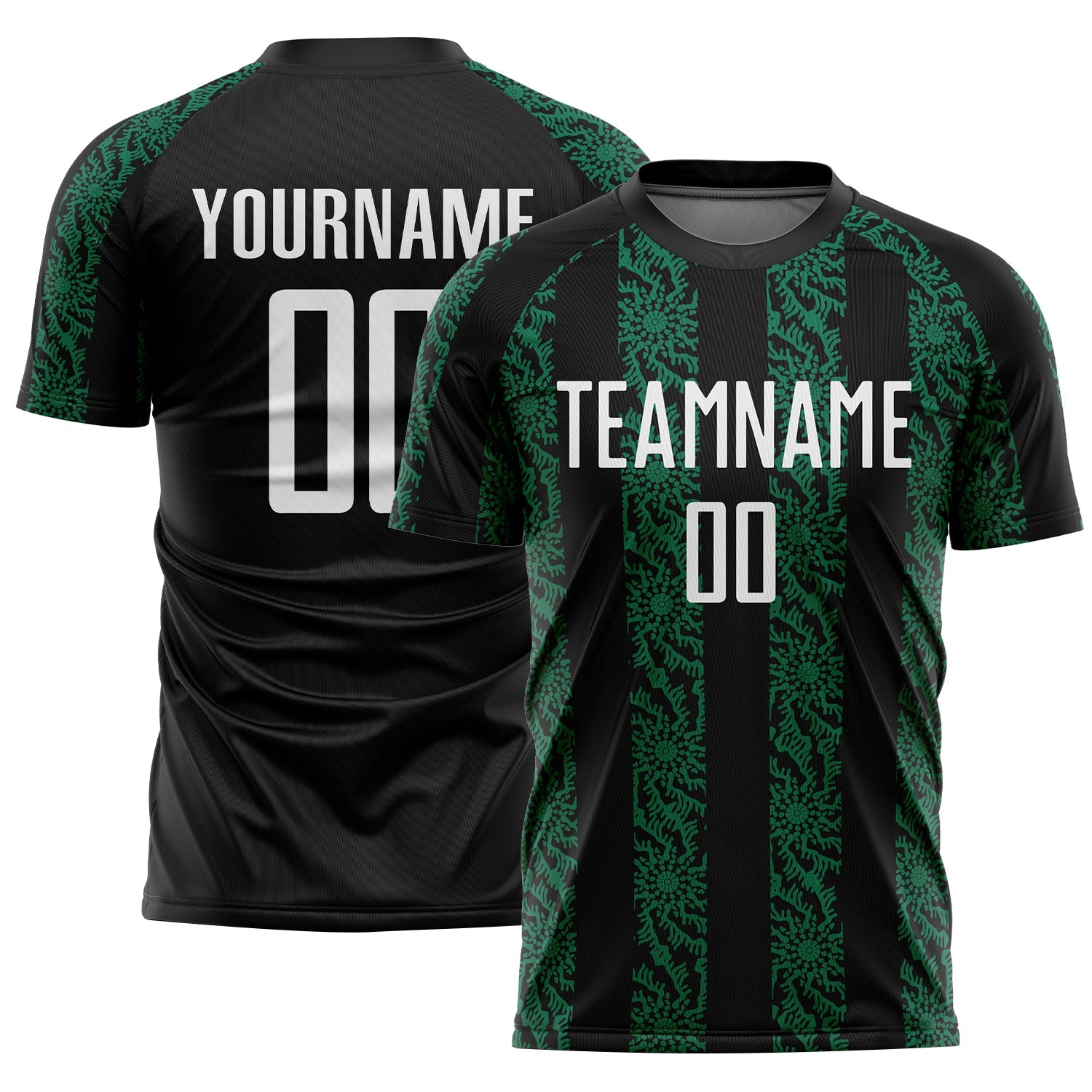 Custom Black White-Kelly Green Abstract Shape Sublimation Soccer Uniform Jersey - Main View