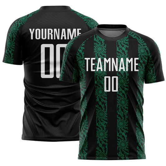 Custom Black White-Kelly Green Abstract Shape Sublimation Soccer Uniform Jersey - Main View