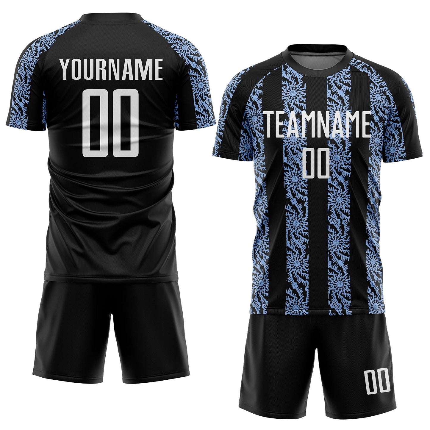 Custom Black White-Light Blue Abstract Shape Sublimation Soccer Uniform Jersey view 2