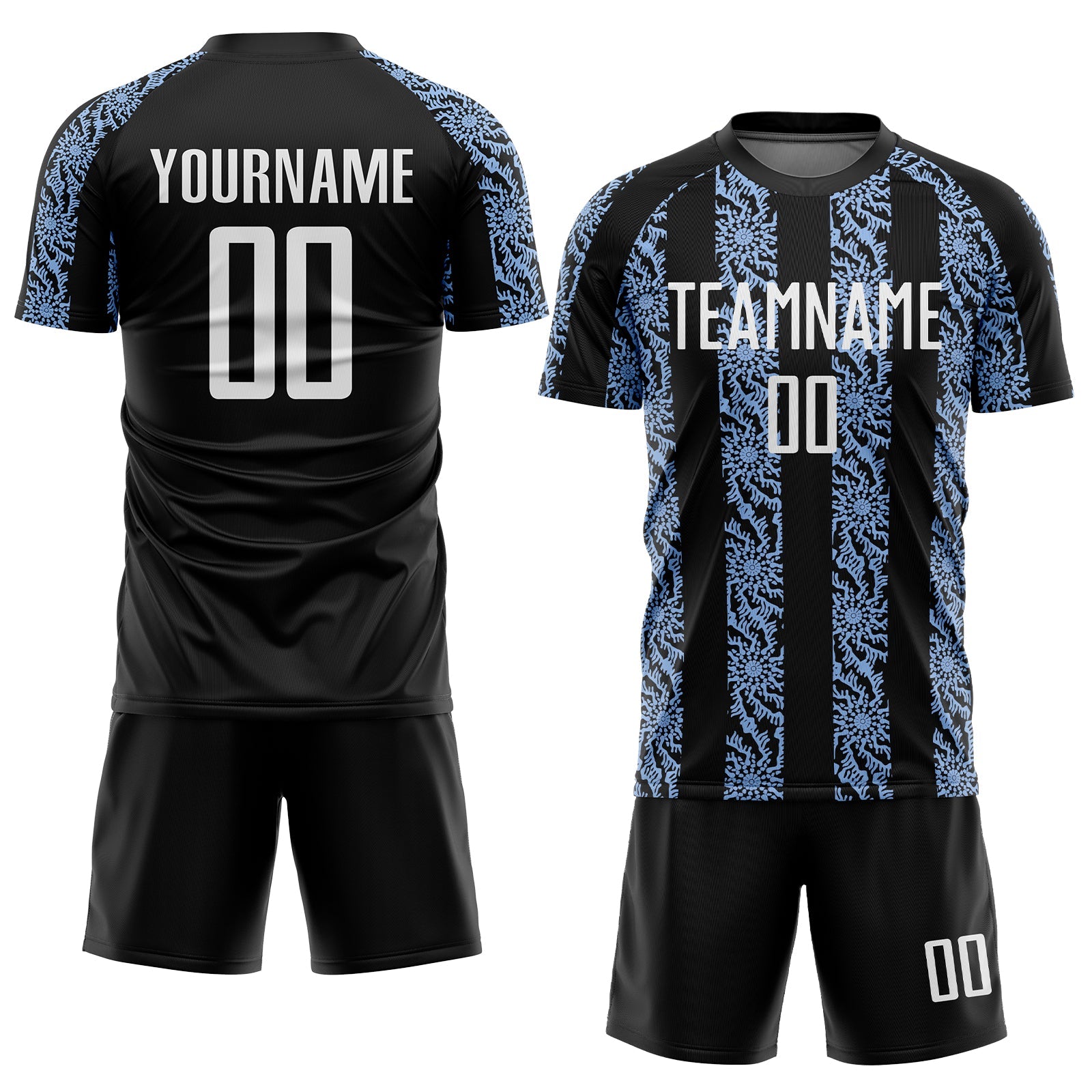 Custom Black White-Light Blue Abstract Shape Sublimation Soccer Uniform Jersey view 2