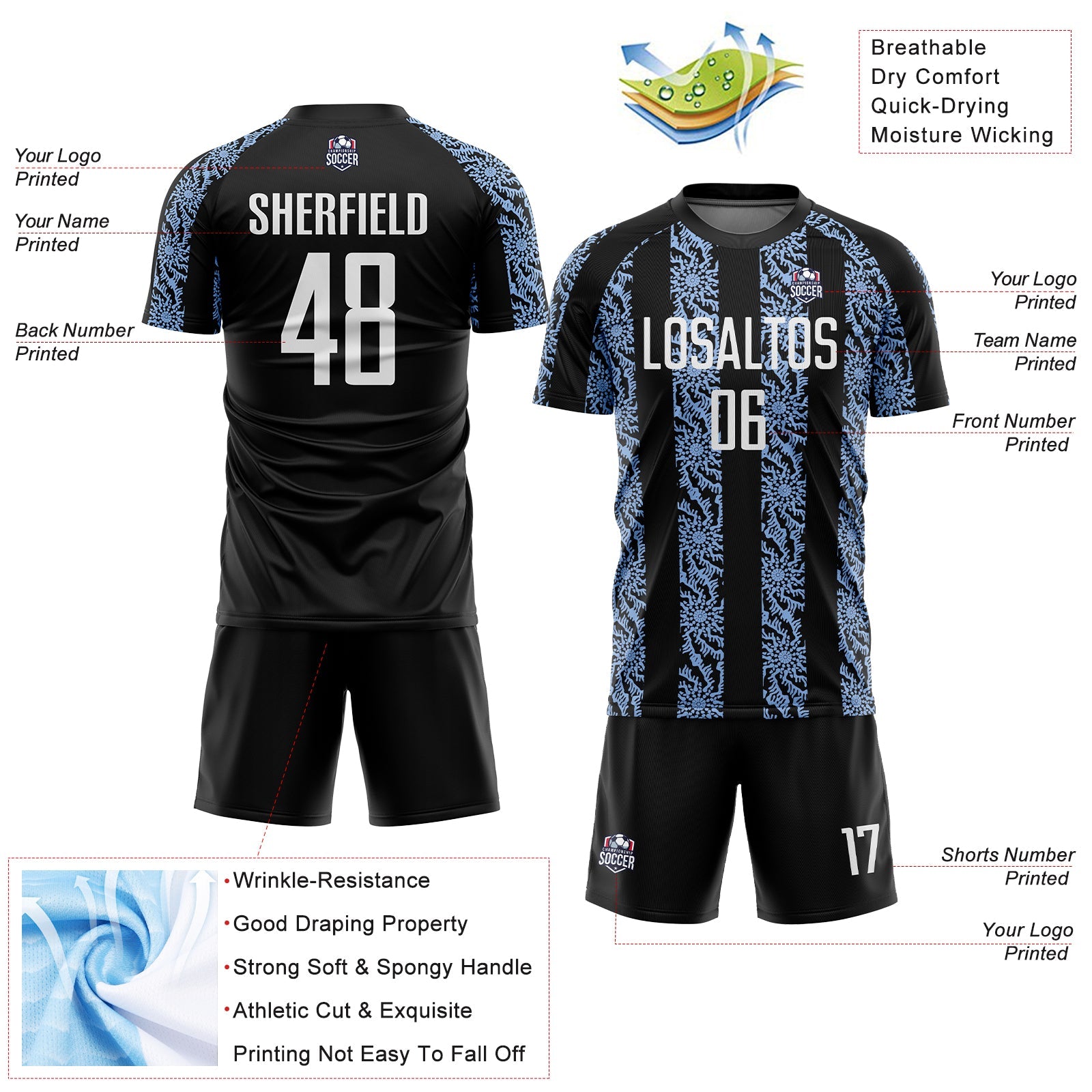 Custom Black White-Light Blue Abstract Shape Sublimation Soccer Uniform Jersey view 4