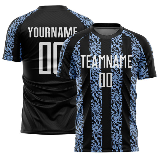 Custom Black White-Light Blue Abstract Shape Sublimation Soccer Uniform Jersey - Main View
